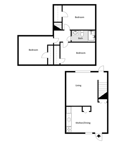 A black and white image of a floor plan for a house with three bedrooms.